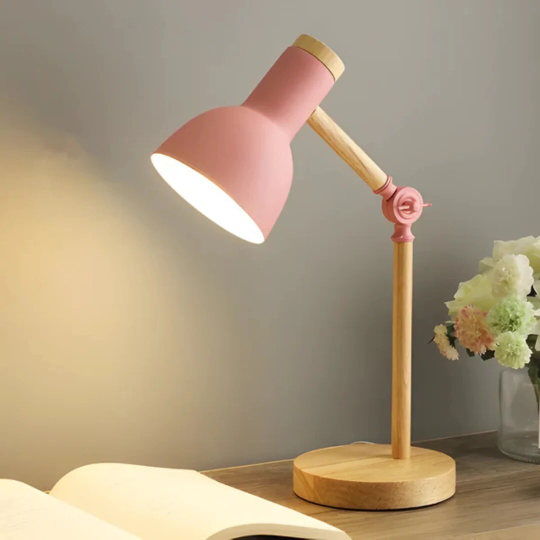 Wooden and metal task lamp – adjustable shade, desk and bedside