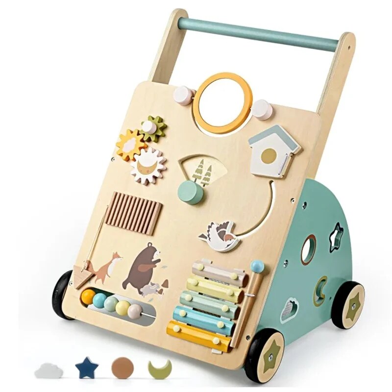 Wooden Push Walker – activity centre, mirror and gears, adjustable height