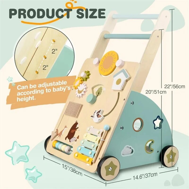 Wooden Push Walker – activity centre, mirror and gears, adjustable height