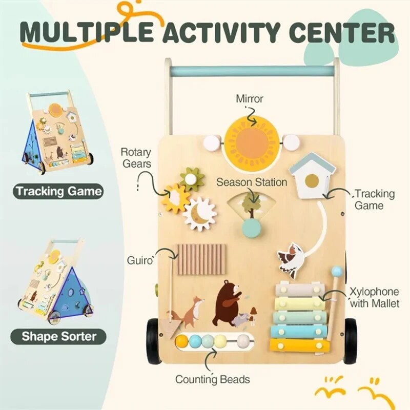 Wooden Push Walker – activity centre, mirror and gears, adjustable height