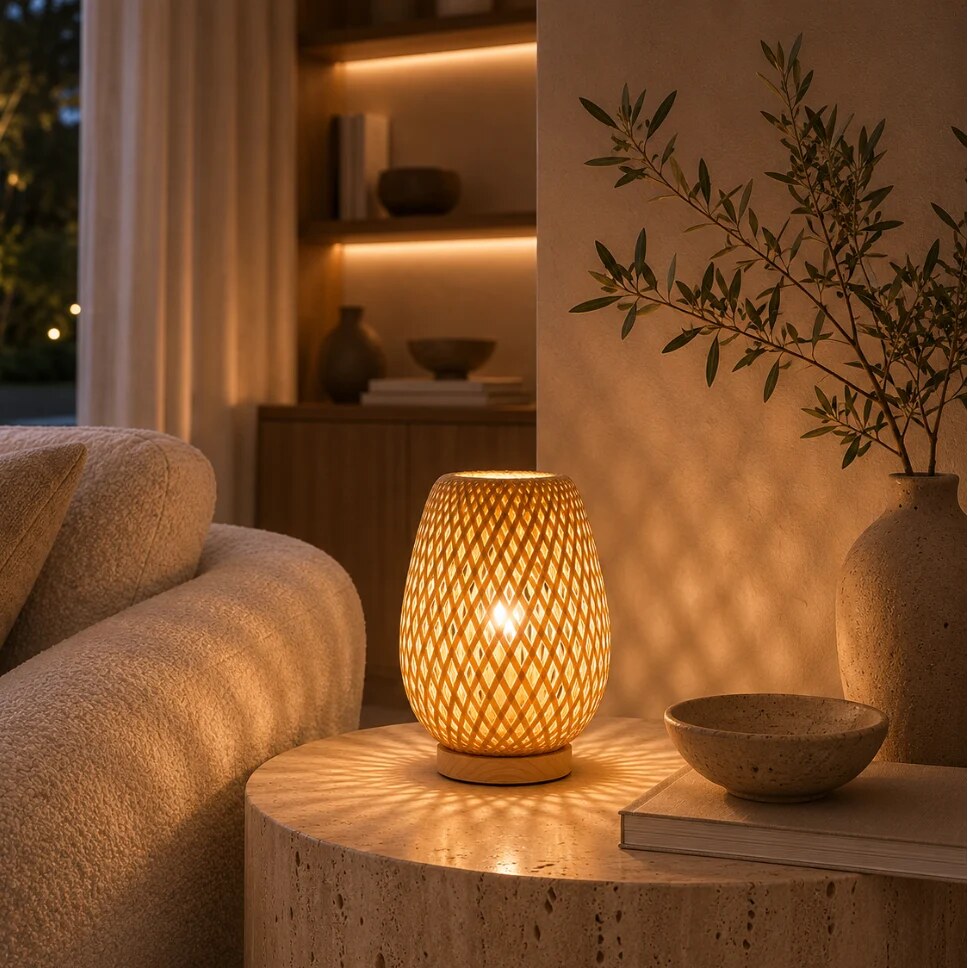 ZENAVENORA Bamboo Table Lamp – hand woven, dimmable, three colour modes