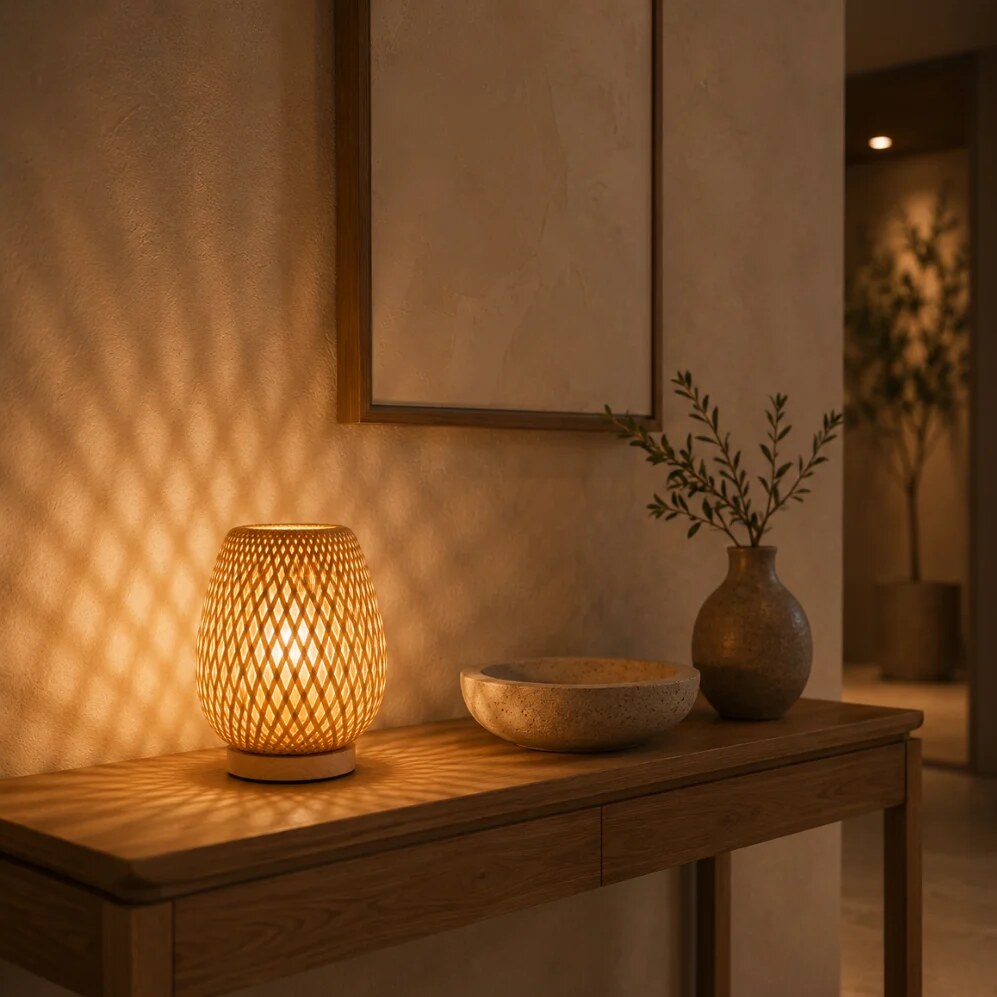 ZENAVENORA Bamboo Table Lamp – hand woven, dimmable, three colour modes